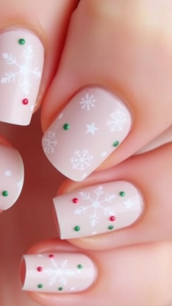 Minimalist Christmas nail art with snowflakes and red-green accents on a light base.